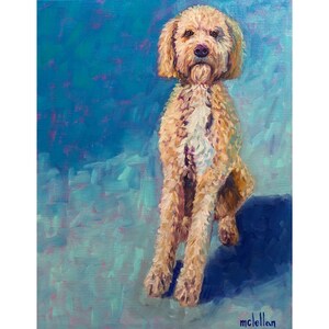 May include: Oil painting of a golden doodle dog with a light brown coat and white chest. The dog is sitting with its front paws extended. The background is a blend of blue and teal hues. The artist's signature is in the bottom right corner.