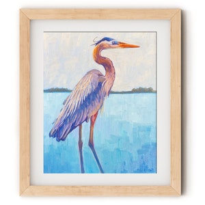 Blue Heron Art Print, Heron Wall Art, Great Blue Heron Painting on Canvas, Shore Bird Wall Decor Coastal, Original Bird Painting Print