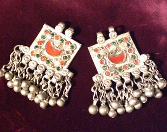 Vintage Amazing Pair Of AFGHAN Tribal Ornament/Pendants with Glass And Bells