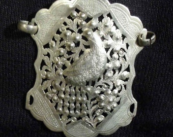 Beautiful Silver Repousse Buckle or Pendant with Peacock