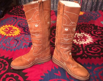 SALE!  Splendid French Embroidered Tall Riding Boots in Caramel Suede with White Stitching