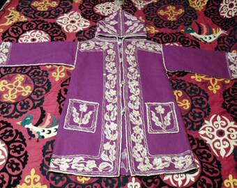 Super Fantastic Embroidered Moroccan Purple Hooded Festival short Coat in Light Weight Felted Wool