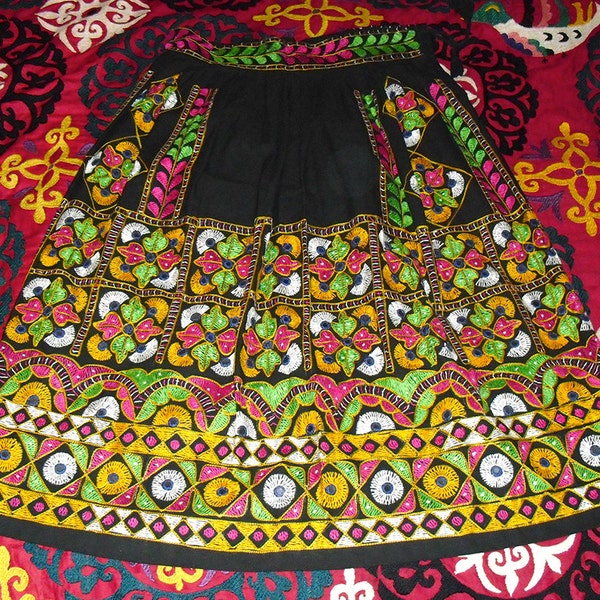 Gorgeous Rajasthani Hand Made Hand Embroidered Skirt with Flowers and Mirrors L XL