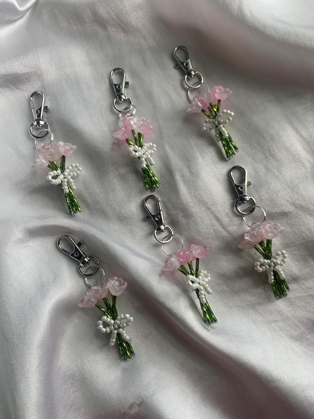 Beaded Flower Bouquet Keychain, Pink Flower Keychain, Seed Bead Flowers ...
