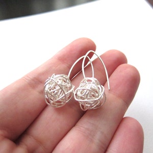 Modern Wire Ball Earrings made with sterling silver wire, Simple modern sterling silver earrings, long ear wire image 5