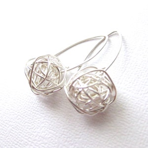 Modern Wire Ball Earrings made with sterling silver wire, Simple modern sterling silver earrings, long ear wire image 2