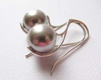 Pearl Earrings ,Tahitian Silver South Sea, Sterling Silver Earrings, Shimmer Pearls, Custom Colors Available - Wedding, Bridal, Bridesmaid