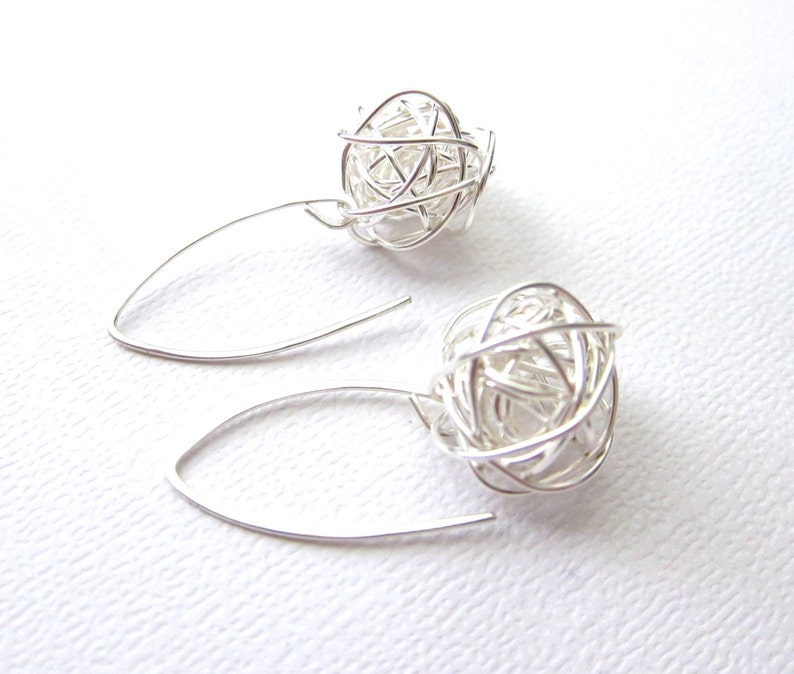 Modern Wire Ball Earrings made with sterling silver wire, Simple modern sterling silver earrings, long ear wire image 3