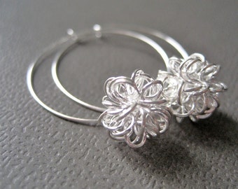 Dandelion Sterling silver Hoop Earrings with silver wire ball