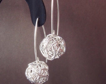 Silver Earrings Wire Ball Dangle Drop  - MIA4 Sterling Silver Earrings European design - wire tangled ball drop