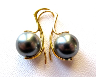 Tahitian Glow Pearl Earrings, Dark Silver Pearl, Silver Earrings, Gold Earrings, South Sea Pearl on Gold Earwires