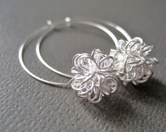 Dandelion hoop earrings, silver hoop earrings, flower earrings, light airy jewelry, free flowing earrings, minimalist design by CuteJewels