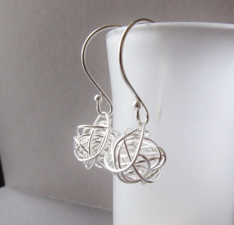 Sterling Silver Earrings Handwired sterling ball Modern Simple Design short tangled ball drop image 4