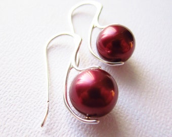 Red Pearl Earrings, rode oorbellen parel oorbellen, Tahitiaanse parel, sterling zilver, zilveren oorbellen, moderne sieraden, handgemaakt in chicago