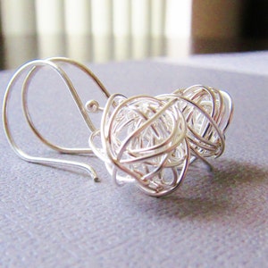 Sterling Silver Earrings Handwired sterling ball Modern Simple Design short tangled ball drop image 1