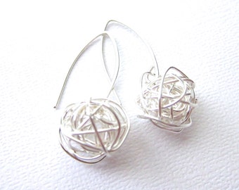 Modern Wire Ball Earrings made with sterling silver wire, Simple modern sterling silver earrings, long ear wire