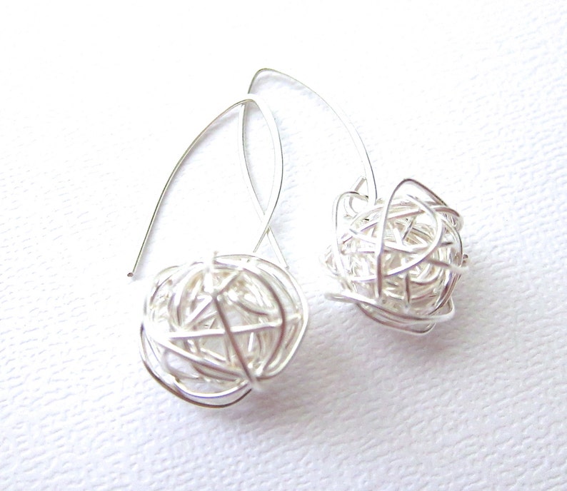 Modern Wire Ball Earrings made with sterling silver wire, Simple modern sterling silver earrings, long ear wire image 1