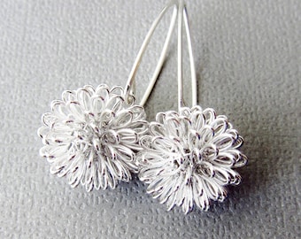 Silver Earrings, Dhalia Wire Ball on Sterling Silver Long Earwires - Flower Earrings, Modern Jewelery