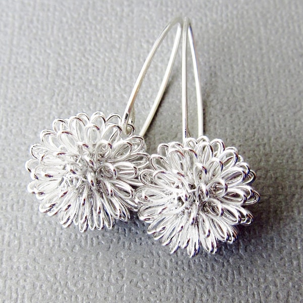 Silver Earrings, Dhalia Wire Ball on Sterling Silver Long Earwires - Flower Earrings, Modern Jewelery