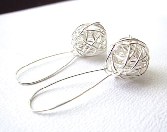Wire Earrings, Sterling Silver, Silver Earrings, Tangled ball, Wire ball earrings, Wire Wrapped earrings, Handmade by CuteJewels in Chicago