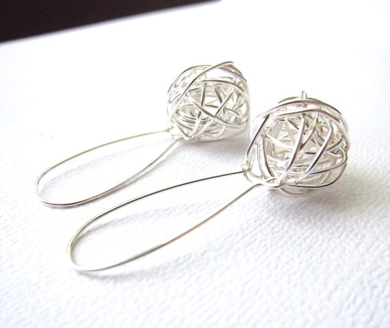 Wire Earrings, Sterling Silver, Silver Earrings, Tangled ball, Wire ball earrings, Wire Wrapped earrings, Handmade by CuteJewels in Chicago