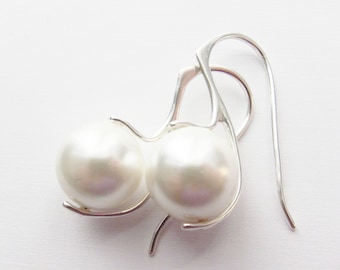 Tahitian Pearls South Sea White Pearl Earrings Sterling Silver Simple modern design