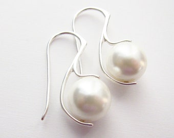 Pure White Tahitian Pearl Earrings Sterling Silver - Custom colors available - Perfect for Modern Brides, Bridesmaids