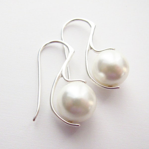 Pure White Tahitian Pearl Earrings Sterling Silver - Custom colors available - Perfect for Modern Brides, Bridesmaids