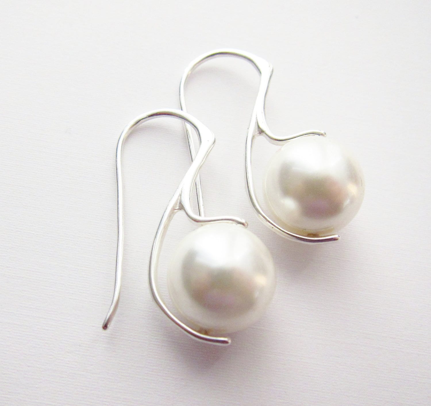 White Pearl Earrings Sterling Silver, Simple Modern Design