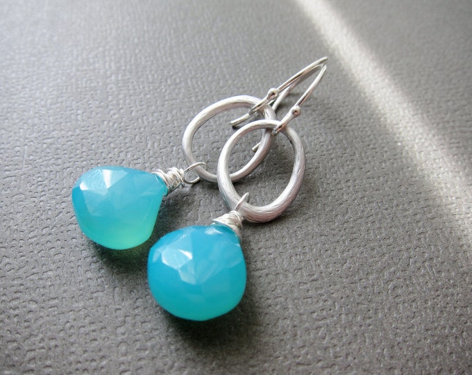 AJS Design Studio - Cushion Cut Aqua Chalcedony Earrings With Hammered Post