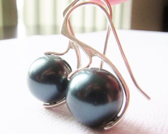 Deep Sea Tahitian Pearl Earrings, Sterling Silver Earrings, South Sea Pearls, Silver Earrings, Dark Blue, Green Earrings, Natural Jewelry