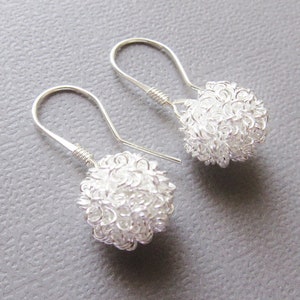 Snowball Earrings - Silver Wire Ball Earrings, Sterling Silver Earwires- Short Dangle - Leightweight