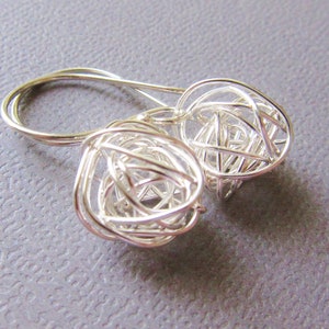 Sterling Silver Earrings Handwired sterling ball Modern Simple Design short tangled ball drop image 3