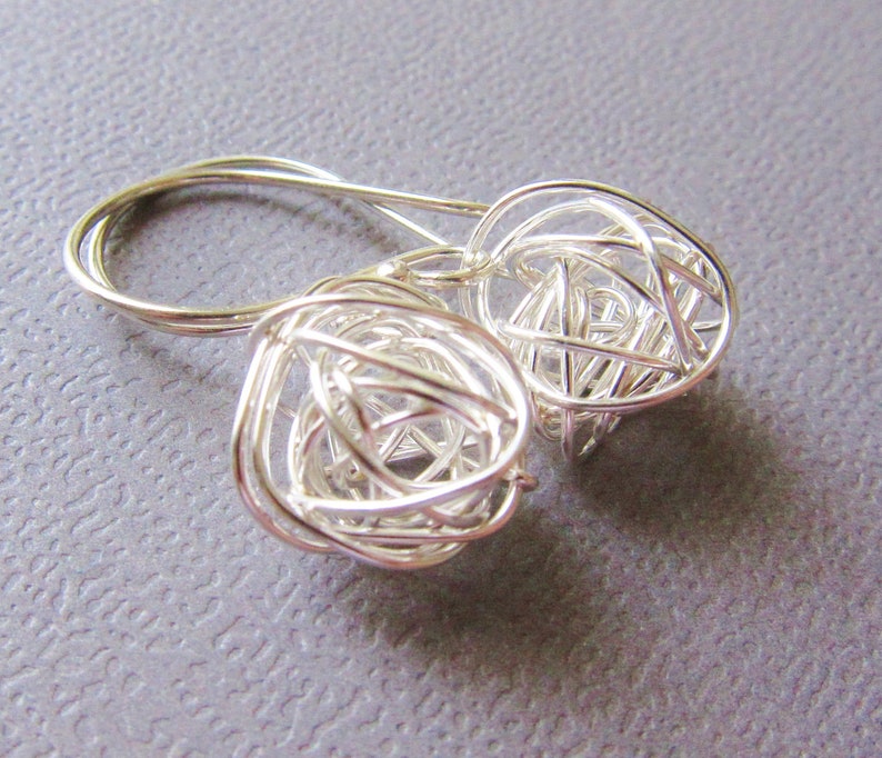 Sterling Silver Earrings Handwired sterling ball Modern Simple Design short tangled ball drop image 3
