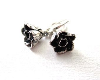 Dark Rose Earrings, Minimalist Jewelry, Oxidized Black, Sterling Silver Earrings