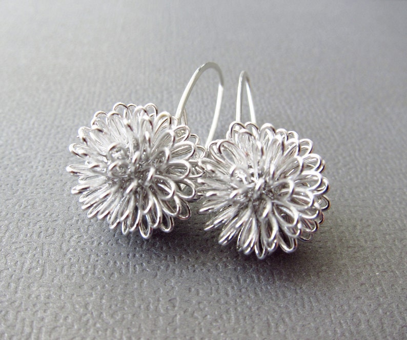 Earrings Dahlia Earrings Sterling Silver Modern design silver wire ball earrings Similar to Dandelion Earrings image 4