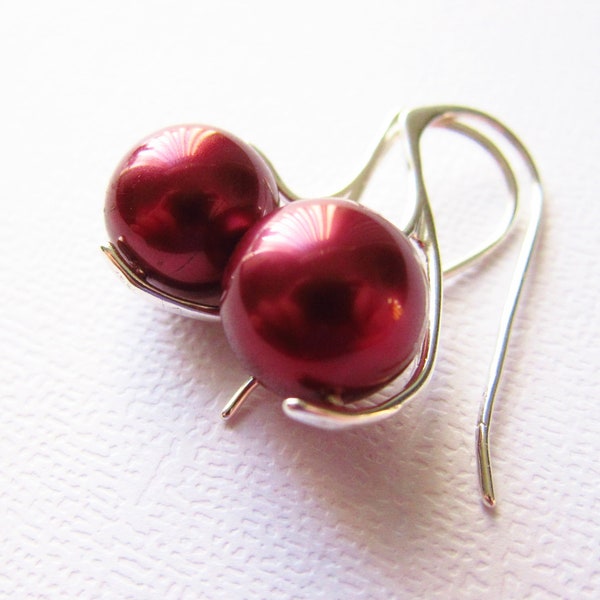 Crimson Tahitian Pearl Earrings South Sea Sterling Silver 925, Wine Red, Silver Earrings, Red Pearls