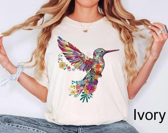 Comfort Colors Floral Hummingbird Shirt, Animal Lover Tee, Bird T Shirts, Trendy Tee, Gift For Her, Bird Lover T-Shirt, Spring Birds,Flower
