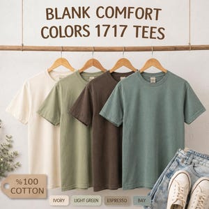 Könnte beinhalten: Vier unifarbene Komfort-T-Shirts in den Farben Elfenbein, Hellgrün, Espresso und Bay, die an Holzbügeln hängen. Die Shirts werden mit einer Jeans und weißen Turnschuhen präsentiert. Der Text "BLANK COMFORT COLORS 1717 TEES" steht oben.