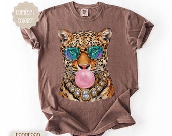 Trendy Leopard Comfort Colors Shirt, Bubblegum Sunglasses Big Cat Graphic Unique Tshirt, Retro Animal Graphic