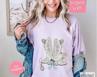 Coastal Cowgirl Shirt Comfort Colors Pink Cowgirls Shirt, Cowgirl Boots Shirt, Coquette Cowgirl Shirt, Rodeo Girl Shirt, Western Shirt