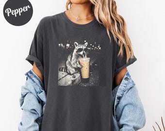 Comfort Colors Retro Raccoon Drinking Iced Coffee Shirt | Funny Animal Meme Tee | Coffee Lover Raccoon Shirt | Unisex Graphic T Shirt