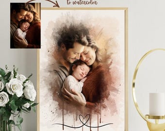 Watercolor  Custom Father's Day Portrait, Father Kid Painting Portrait from Photo, Personalized Anniversary Gift for Husband, Gift for Dad