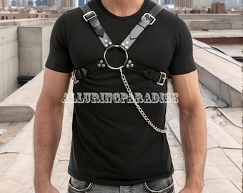 Leather Men's Bulldog Harness Adjustable Harness with Chain Black & Red Chest Harness Men Shoulder Harness Gift for Him Fetishwear for Men