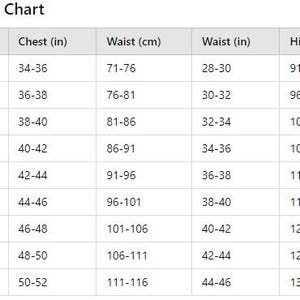 May include: A size chart for harnesses, showing measurements in inches and centimeters for chest, waist, and hip sizes. The chart includes sizes XS through 5XL.