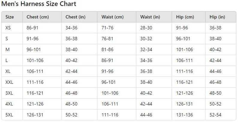 May include: A size chart for harnesses, showing measurements in inches and centimeters for chest, waist, and hip sizes. The chart includes sizes XS through 5XL.