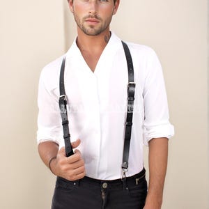 Bretelles pour hommes en cuir végétalien, garçons d&#39;honneur avec harnais noir marron rouge, bretelles pour hommes en cuir vieilli avec dos en Y, bretelles western
