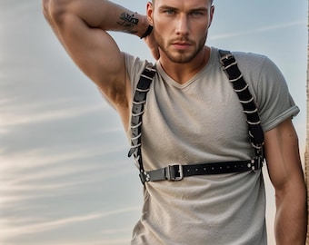 Men's Ring Harness/ Man harness/ Leather men chest harness/ Plus size Black leather men accessories/ Upper body men harness/ men accessories