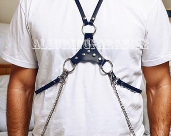 Chest Harness Men, Dance Party, Wear Burning Man Outfit Costume, Male Harness,Fashion Accessories, Chain Breast Harness, Edgy Leather Outfit