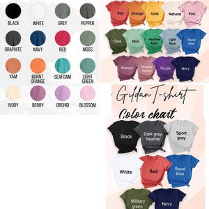 Puede incluir: Carta de colores para camisetas Bella Canvas y Gildan. La carta muestra una variedad de colores disponibles para ambas marcas. La carta Bella Canvas incluye colores como Heather Peach, Heather Kelly y Royal Blue. La carta Gildan incluye colores como Military Green y Royal Blue.